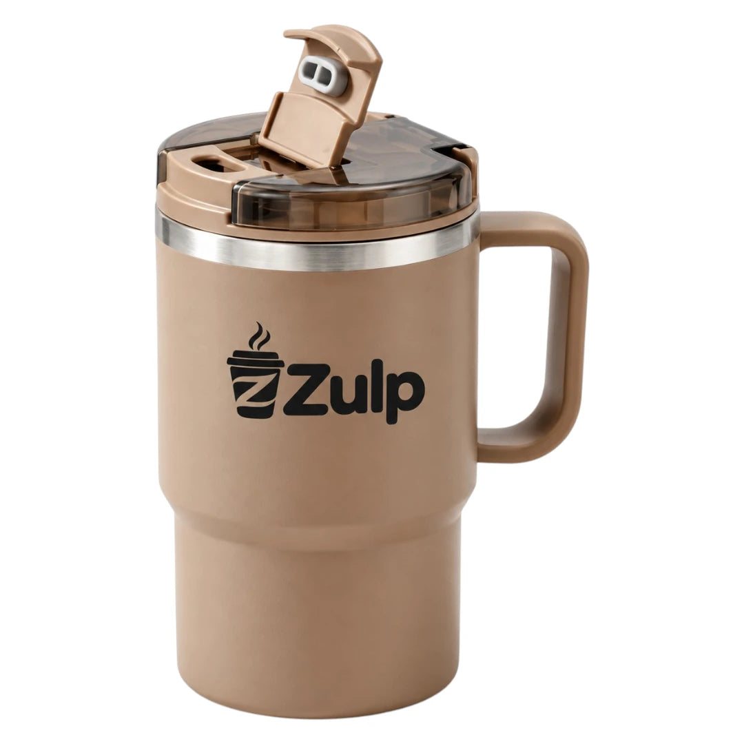 Zulp 40 oz Brown Insulated Coffee Tumbler with Handle, Lid and Straw